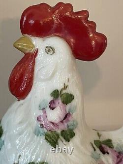 Vintage WESTMORELAND Milk Glass Standing Rooster Hand Painted Roses Covered Dish