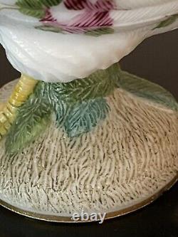 Vintage WESTMORELAND Milk Glass Standing Rooster Hand Painted Roses Covered Dish