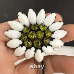Vintage Weiss Brooch HUGE Flower White Green Rhinestone Milk Glass Black