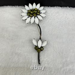 Vintage Weiss Brooch HUGE Flower White Green Rhinestone Milk Glass Black