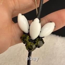 Vintage Weiss Brooch HUGE Flower White Green Rhinestone Milk Glass Black