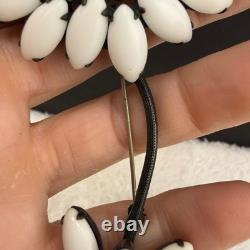 Vintage Weiss Brooch HUGE Flower White Green Rhinestone Milk Glass Black