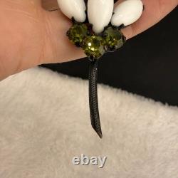 Vintage Weiss Brooch HUGE Flower White Green Rhinestone Milk Glass Black