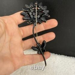 Vintage Weiss Brooch HUGE Flower White Green Rhinestone Milk Glass Black