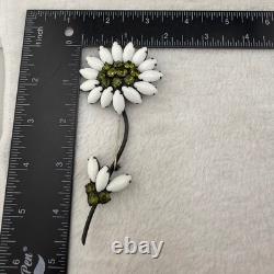 Vintage Weiss Brooch HUGE Flower White Green Rhinestone Milk Glass Black