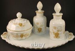 Vintage Westmoreland 7 Piece Vanity Set Milk Glass Gold Grapes Near Mint