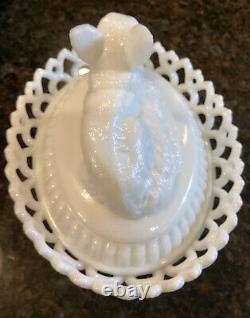 Vintage Westmoreland Milk Glass Fox On Dancing Sailor Lacy Base Covered Dish 8
