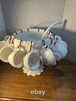 Vintage Westmoreland Milk Glass Grape Punch Bowl and 12 Cups Ladle Hooks