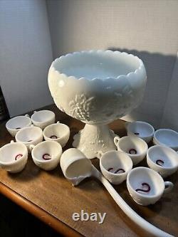 Vintage Westmoreland Milk Glass Grape Punch Bowl and 12 Cups Ladle Hooks