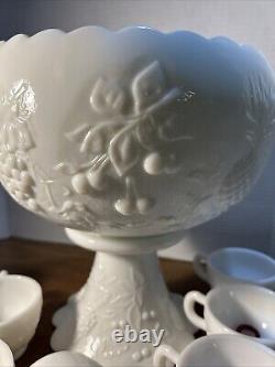 Vintage Westmoreland Milk Glass Grape Punch Bowl and 12 Cups Ladle Hooks