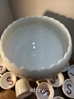 Vintage Westmoreland Milk Glass Grape Punch Bowl and 12 Cups Ladle Hooks