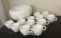 Vintage Westmoreland Milk Glass Grape Punch Bowl and 13 Cups