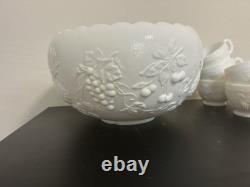 Vintage Westmoreland Milk Glass Grape Punch Bowl and 13 Cups