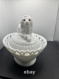 Vintage Westmoreland Milk Glass Lion Dancing Sailor with Lace Basket Atterbury