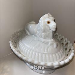 Vintage Westmoreland Milk Glass Lion Dancing Sailor with Lace Basket Atterbury