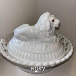 Vintage Westmoreland Milk Glass Lion Dancing Sailor with Lace Basket Atterbury