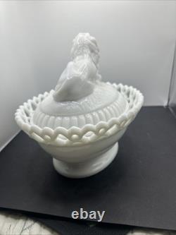 Vintage Westmoreland Milk Glass Lion Dancing Sailor with Lace Basket Atterbury