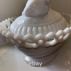 Vintage Westmoreland Milk Glass Lion Dancing Sailor with Lace Basket Atterbury