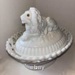 Vintage Westmoreland Milk Glass Lion On Dancing Sailor White with Lace Basket