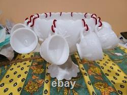 Vintage Westmoreland Milk Glass Punch Bowl Set -12 Cups, Hooks, Stand Bowl Ladle