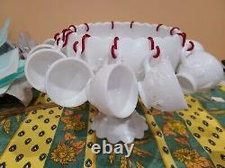 Vintage Westmoreland Milk Glass Punch Bowl Set -12 Cups, Hooks, Stand Bowl Ladle