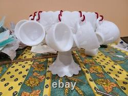 Vintage Westmoreland Milk Glass Punch Bowl Set -12 Cups, Hooks, Stand Bowl Ladle