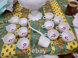 Vintage Westmoreland Milk Glass Punch Bowl Set -12 Cups, Hooks, Stand Bowl Ladle