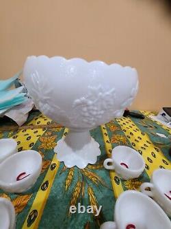 Vintage Westmoreland Milk Glass Punch Bowl Set -12 Cups, Hooks, Stand Bowl Ladle