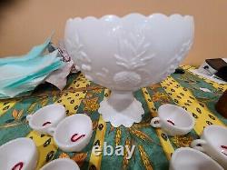 Vintage Westmoreland Milk Glass Punch Bowl Set -12 Cups, Hooks, Stand Bowl Ladle