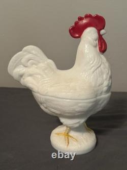 Vintage Westmoreland Milk Glass Rooster Covered Dish Pedestal Hand Painted W Mar