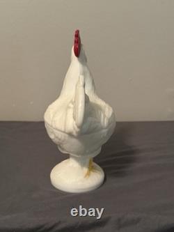 Vintage Westmoreland Milk Glass Rooster Covered Dish Pedestal Hand Painted W Mar