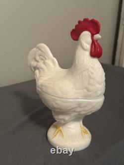 Vintage Westmoreland Milk Glass Rooster Covered Dish Pedestal Hand Painted W Mar