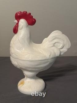 Vintage Westmoreland Milk Glass Rooster Covered Dish Pedestal Hand Painted W Mar