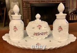 Vintage Westmoreland Milk Glass Roses & Bows Paneled Grape Dresser Vanity Set