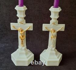 Vintage Westmoreland Pattern EAPG Milk Glass CRUCIFIX Candlesticks Pair 12