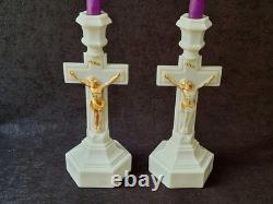 Vintage Westmoreland Pattern EAPG Milk Glass CRUCIFIX Candlesticks Pair 12