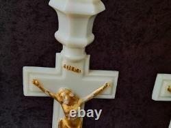 Vintage Westmoreland Pattern EAPG Milk Glass CRUCIFIX Candlesticks Pair 12