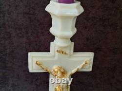 Vintage Westmoreland Pattern EAPG Milk Glass CRUCIFIX Candlesticks Pair 12