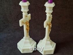 Vintage Westmoreland Pattern EAPG Milk Glass CRUCIFIX Candlesticks Pair 12