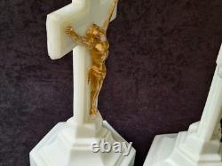 Vintage Westmoreland Pattern EAPG Milk Glass CRUCIFIX Candlesticks Pair 12