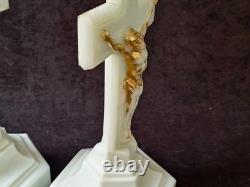 Vintage Westmoreland Pattern EAPG Milk Glass CRUCIFIX Candlesticks Pair 12