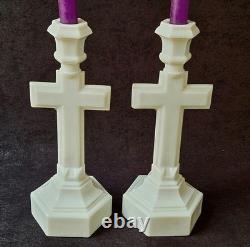 Vintage Westmoreland Pattern EAPG Milk Glass CRUCIFIX Candlesticks Pair 12