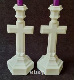 Vintage Westmoreland Pattern EAPG Milk Glass CRUCIFIX Candlesticks Pair 12