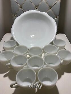 Vintage Westmoreland Punch Bowl set, McKee Concord pattern, White Milk Glass