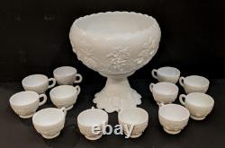 Vintage Westmoreland Three Fruits White Milk Glass 10 Punch Bowl Set & 12 Cups Vintage Westmoreland Three Fruits White Milk Glass 10 Punch Bowl Set & 12 Cups