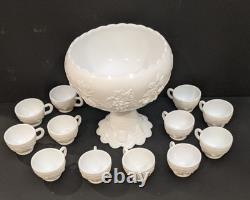 Vintage Westmoreland Three Fruits White Milk Glass 10 Punch Bowl Set & 12 Cups