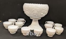 Vintage Westmoreland Three Fruits White Milk Glass 10 Punch Bowl Set & 12 Cups