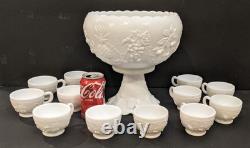 Vintage Westmoreland Three Fruits White Milk Glass 10 Punch Bowl Set & 12 Cups