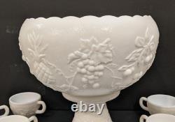 Vintage Westmoreland Three Fruits White Milk Glass 10 Punch Bowl Set & 12 Cups
