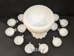 Vintage Westmoreland Three Fruits White Milk Glass 10 Punch Bowl Set & 12 Cups